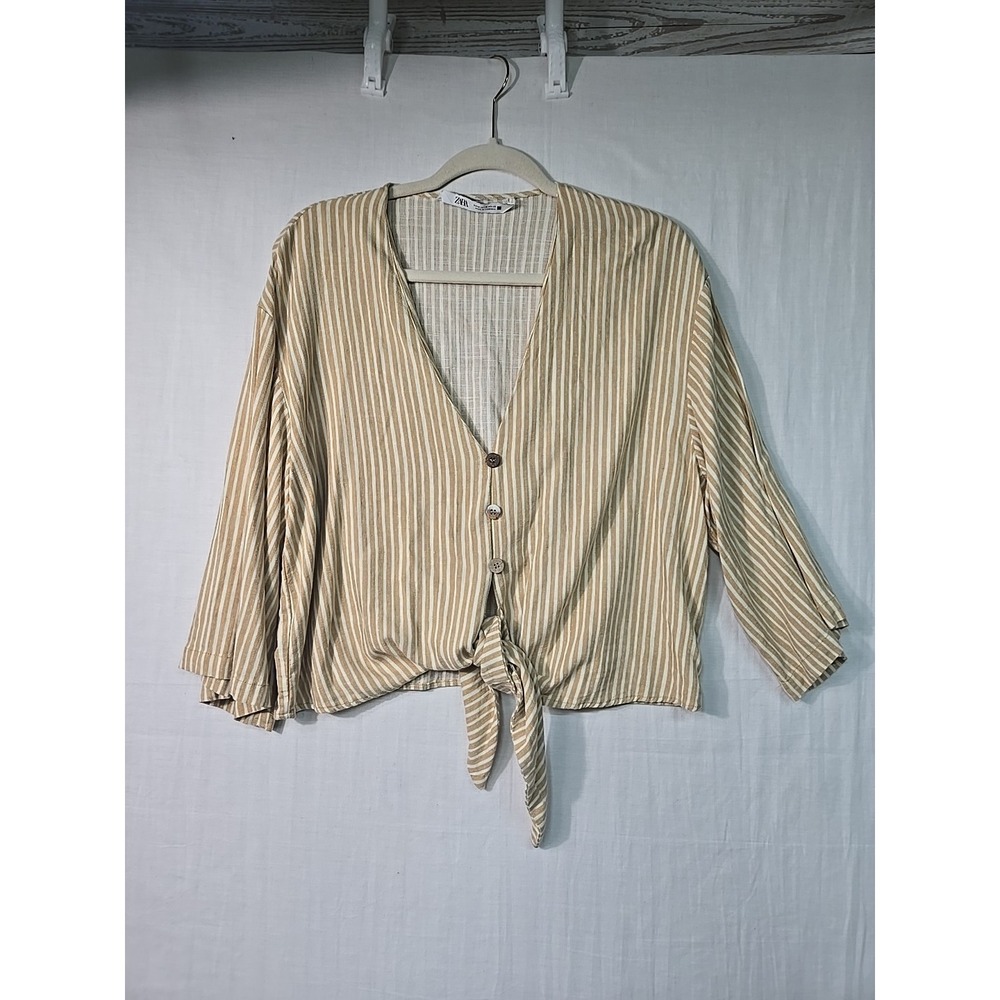 Zara Cropped Tie Knot Top‎ Button Up Linen Stripes Women's Medium Wide Sleeves